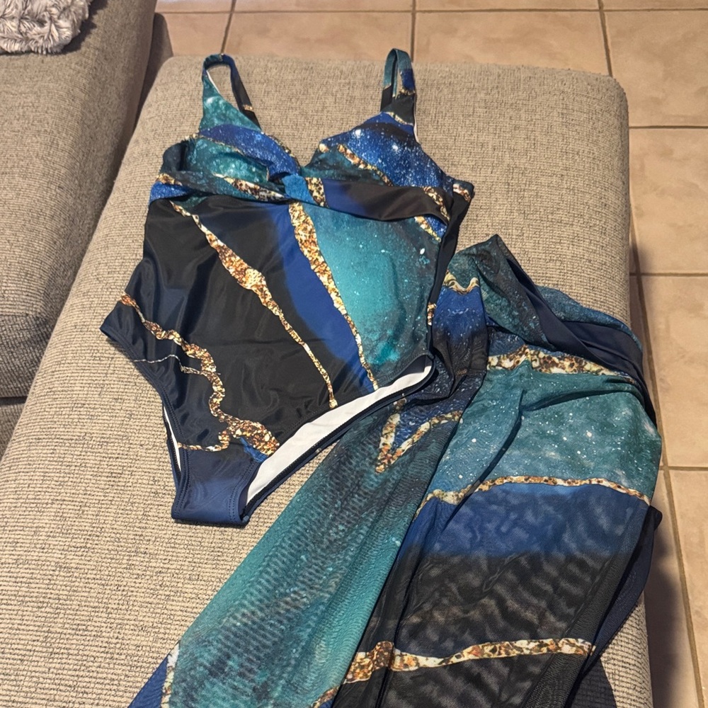 Blue and Gold Swimsuit Set
